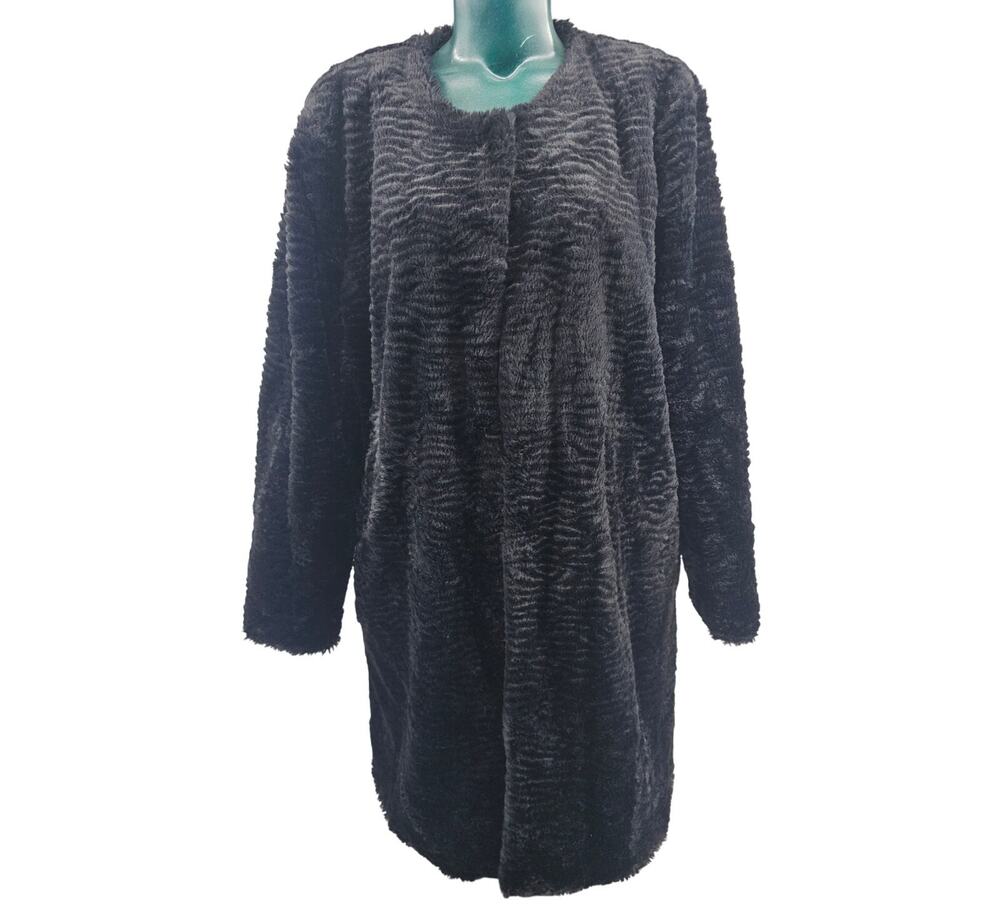Fever Black Faux Fur Coat jacket Knee Length Collarless XL Mobwife Glamcore 3860
